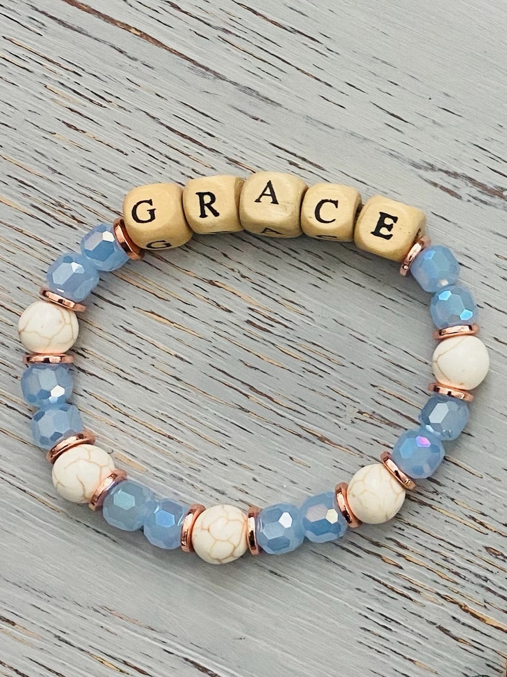 Inspirational 'Loved' Beaded Stretch Bracelet - White and Blue
